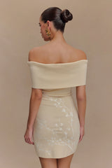 Mallory Off Shoulder Embroidered Knit Mini Dress - Cream And Ivory