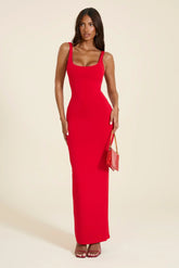 The Sandra Scoop Corset Maxi Dress in Bright Red