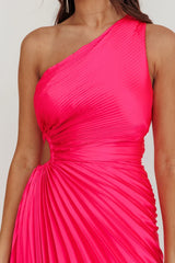 Brooklynn One-Shoulder Accordion Pleat Satin Midi Dress Fuchsia