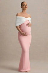 Libra | Pink & White Bow Bardot Maternity Maxi Dress