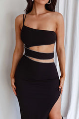 Raye Cut-Out Waist Rhinestone Midi Dress Black