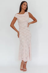 Diana Asymmetric Shoulder Godet Maxi Dress Lace Pink