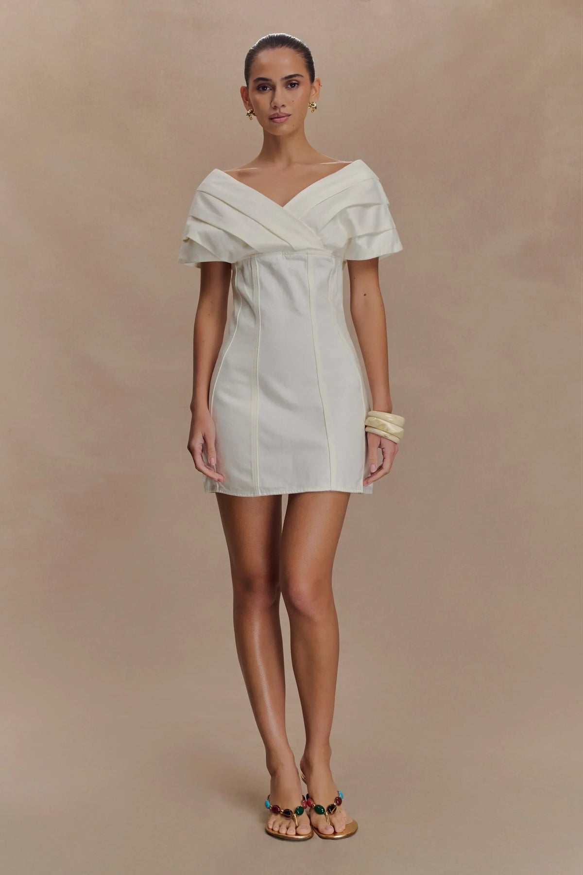 Pascale Off Shoulder Denim Mini Dress - White