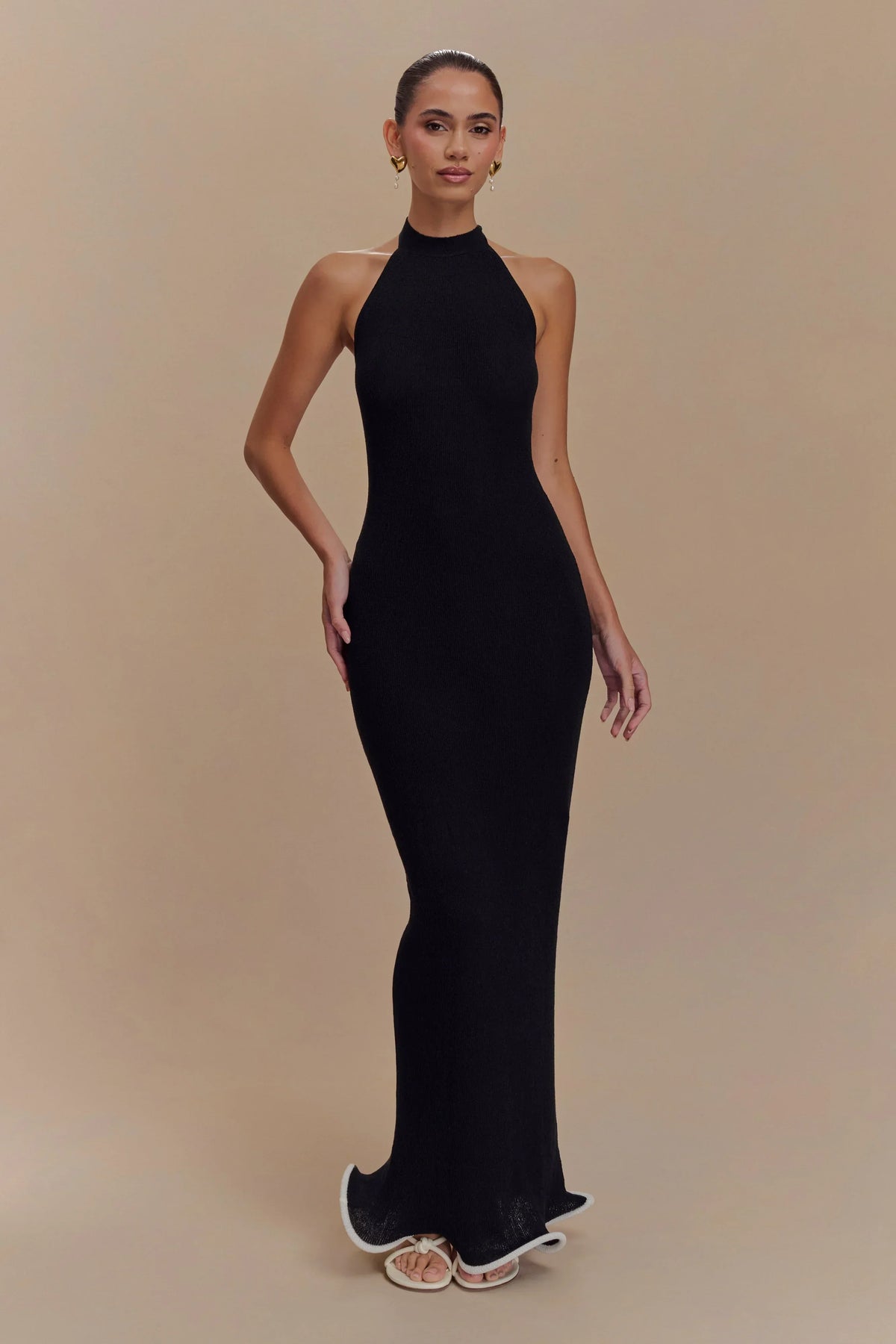 Melodie Halter Knit Maxi Dress - Black/White